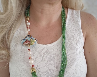 Caltagirone ceramic handbag necklace, multi-strand crystal necklace, Sicilian necklace