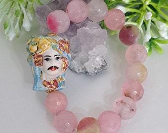 Caltagirone ceramic bracelet, pink agate hard stone bracelet, Sicilian bracelet