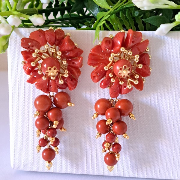 Mediterranean red coral earrings and red coral paste pearls, flower earrings, pendant earrings