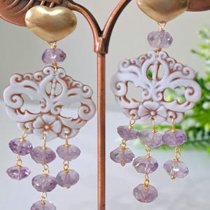 Sardonyx shell cameo earrings, amethyst stone earrings and 925 gold plated silver, Italian jewelry