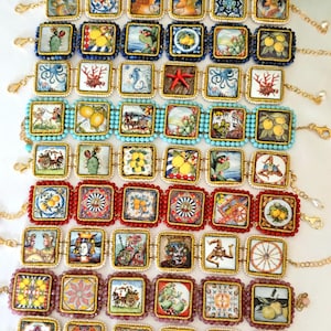 Caltagirone ceramic bracelet, tile bracelet with beaded frame, Sicilian bracelet