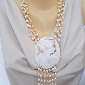 Sardonic shell cameo necklace, white pearl necklace, Italian jewelry image 6