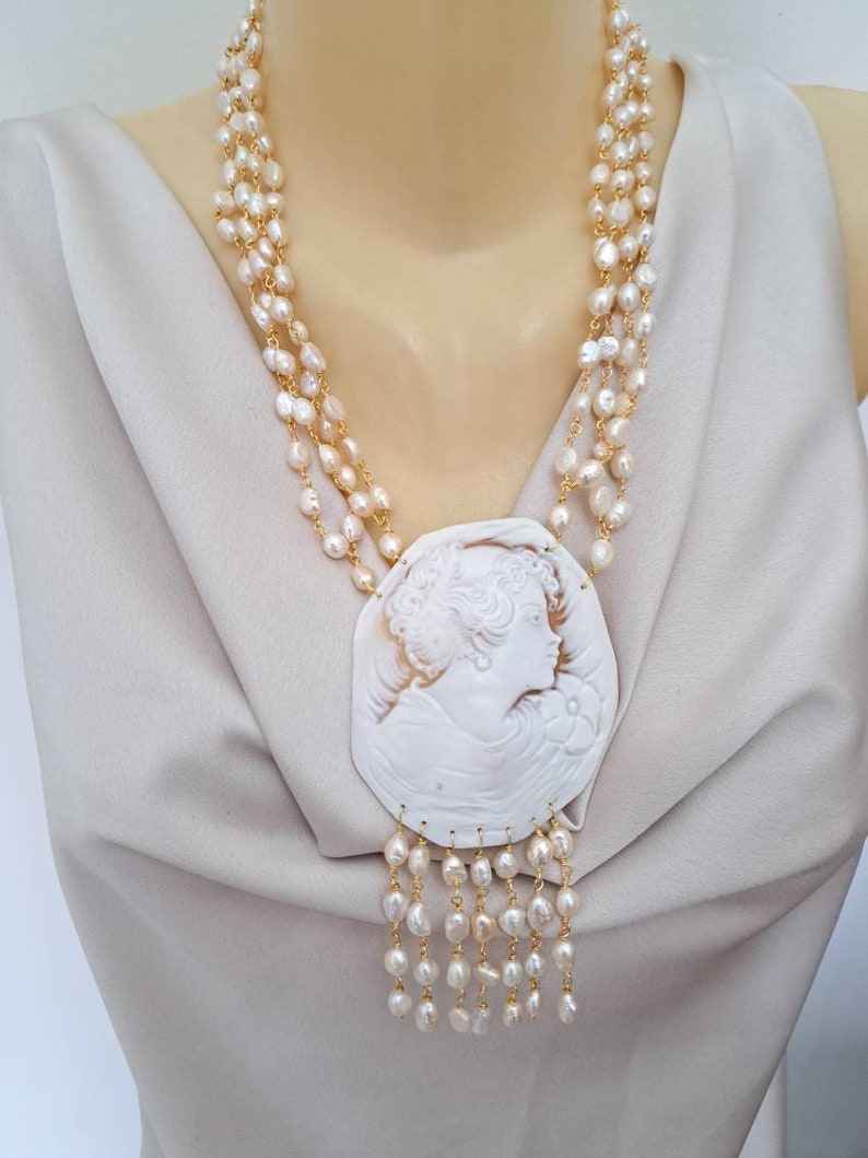 Sardonic shell cameo necklace, white pearl necklace, Italian jewelry image 6