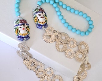 Caltagirone ceramic necklace with turquoise pearls and silver chain, Sicilian necklace