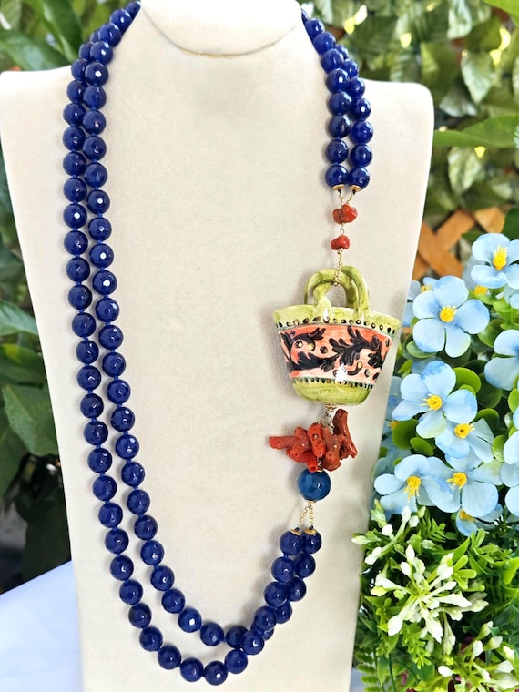 Collana borsetta ceramica Caltagirone e pietre dure agata blu , collana maxi siciliana