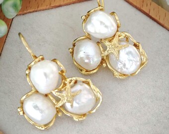 White baroque pearl earrings and gold-plated 925 silver, Italian jewelry