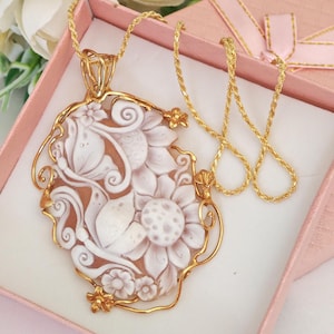 Sardonyx Shell Cameo Necklace and 925 Silver Gold Plated, Italian Jewelry