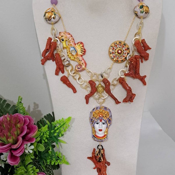 "SICILIA BELLA" necklace with Caltagirone ceramic, coral and purple agate stones, Sicilian necklace