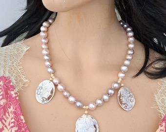 Sardonyx shell cameo necklace, pink pearl necklace, Italian jewelry