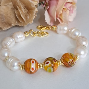 White pearl bracelet with Murine millefiori pearls