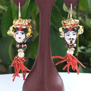Moor&#39;s head earrings Caltagirone ceramic, white pearls and Mediterranean red coral, 925 silver earrings, Sicilian earrings