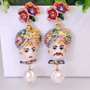 Caltagirone ceramic earrings and white pearls, dark brown earrings and enamelled flowers, Sicilian earrings