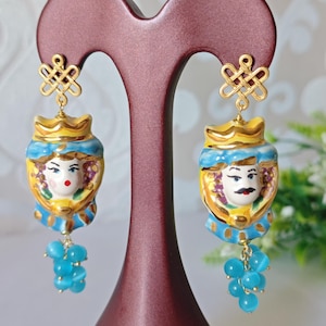 Caltagirone ceramic earrings, light blue quartz stone earrings, Sicilian Moor&#39;s head earrings