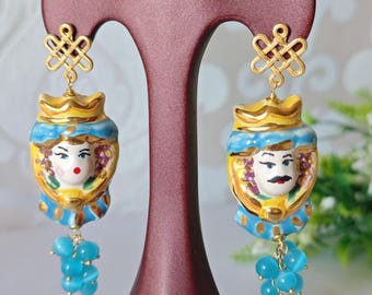 Caltagirone ceramic earrings, light blue quartz stone earrings, Sicilian Moorish head earrings