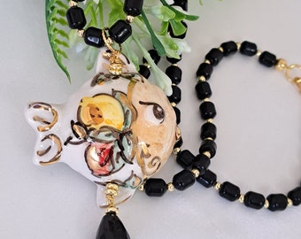 Caltagirone ceramic fish necklace with onyx hard stones, Sicilian necklace