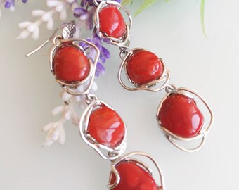 Natural Mediterranean red coral earrings and 925 silver, Italian jewelry
