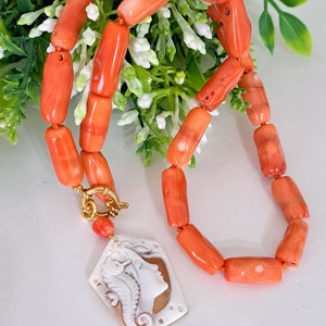 Collana cammeo conchiglia sardonica con corallo rosso bambù, gioielli italiani imagem 3