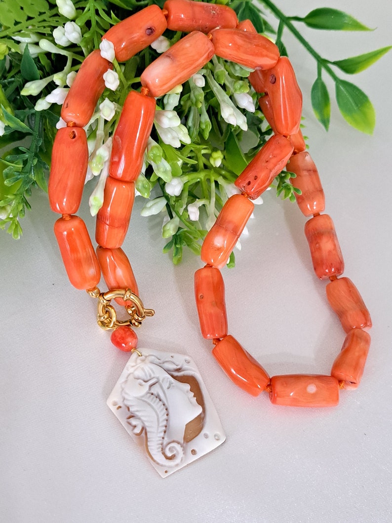 Collana cammeo conchiglia sardonica con corallo rosso bambù, gioielli italiani imagem 3