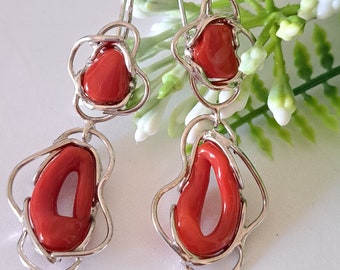 Natural Mediterranean red coral earrings and 925 silver, Italian jewelry