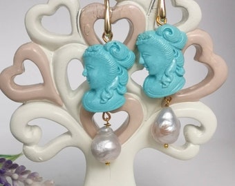 Turquoise cameo earrings and white baroque pearls, 925 silver earrings, Italian jewels