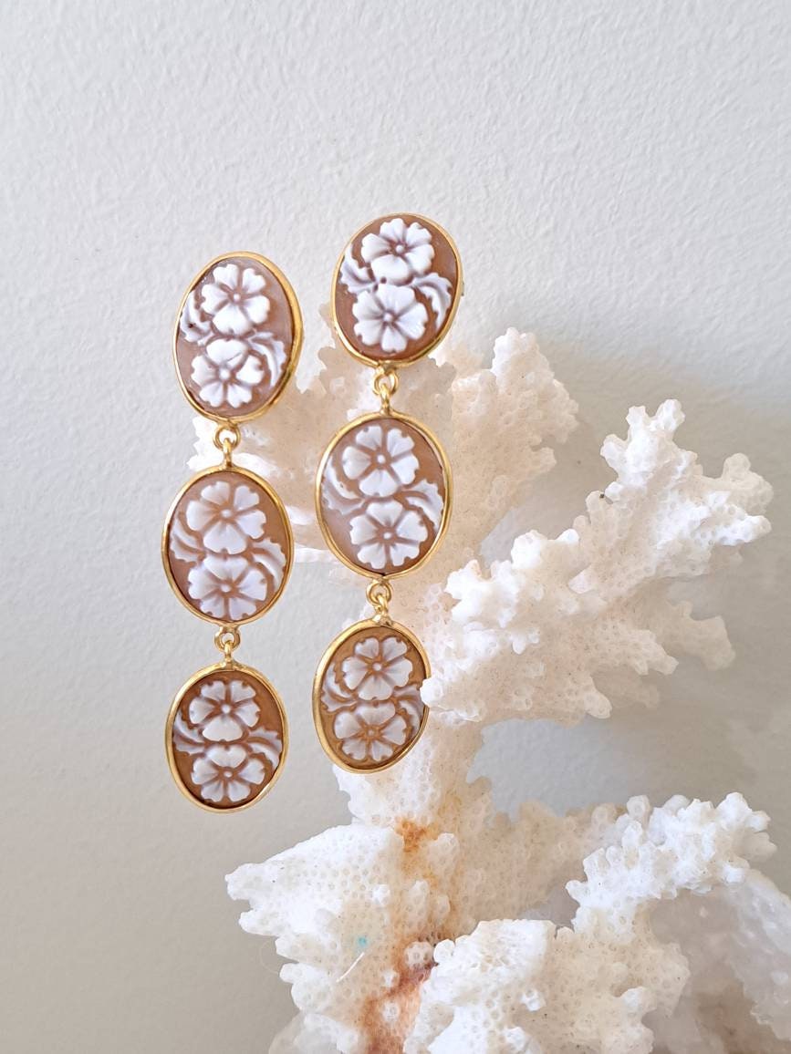 Boucles D'oreilles En Argent 925 - Camées Sardoniques Sur Fond Vague Marine - Fermoir Papillon - Neuf Avec étiquettes