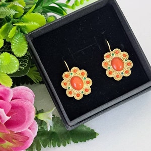 Natural Mediterranean red coral earrings, emeralds and 925 gold plated silver, Italian jewelry