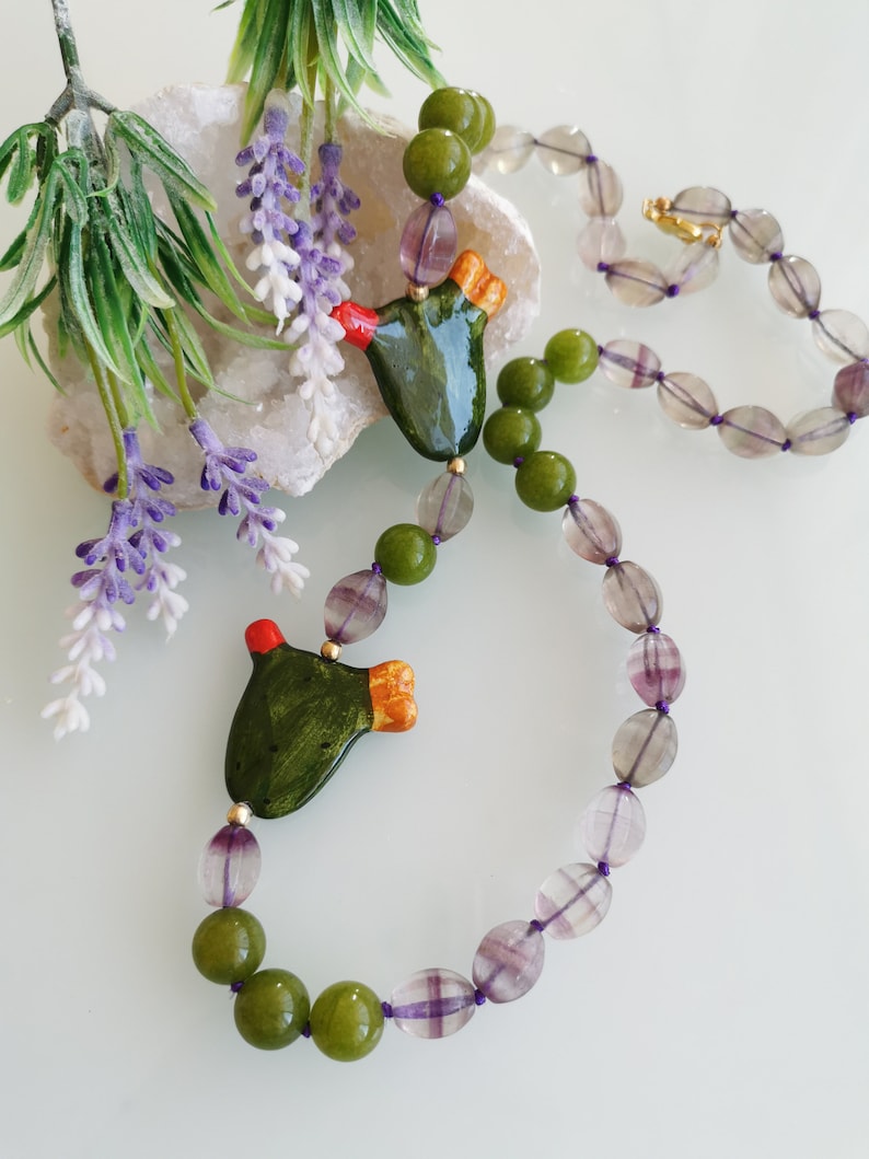 Caltagirone ceramic necklace hard stones fluorite and green quartz Sicilian necklace