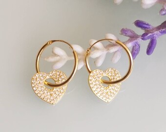 Hoop earrings with Heart pendant with zircons, gold-plated 925 silver earrings