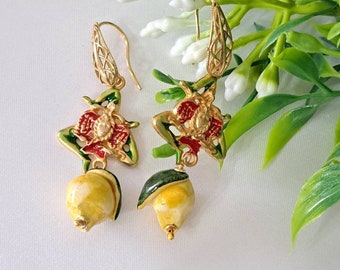 Trinacria earrings with Caltagirone ceramic lemons, Sicilian earrings