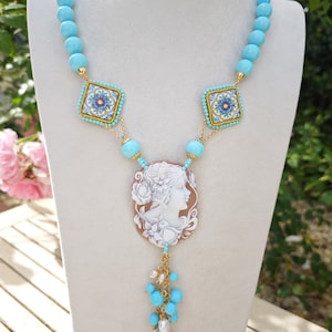 Sardonyx shell cameo necklace, Caltagirone ceramic tiles and turquoise pearls, Italian jewelry