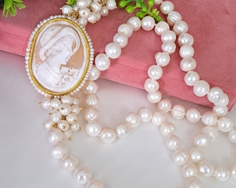 Sardonyx shell cameo necklace, white pearl necklace, Italian jewelry