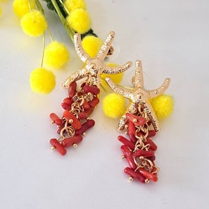 Starfish earrings with red coral cluster, dangle earrings image 1