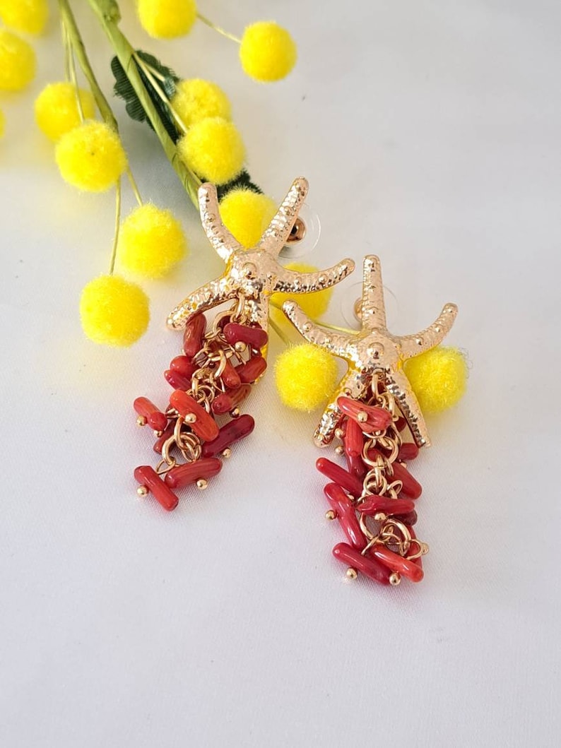 Starfish earrings with red coral cluster, dangle earrings image 1