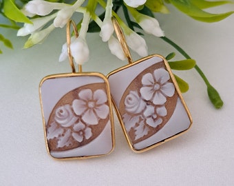 Sardonyx shell cameo earrings, 925 silver earrings, Italian jewelry