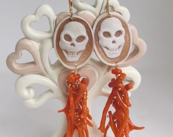 Sardonic shell and Mediterranean red coral cameo earrings, 925 silver earrings, Italian jewelry