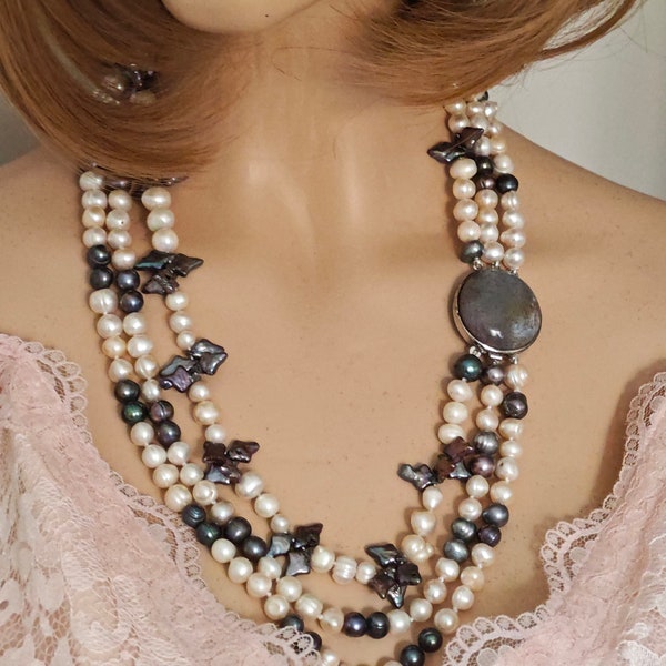 White and gray pearl choker necklace with vintage jewel clasp, multi-strand necklace, Italian jewellery