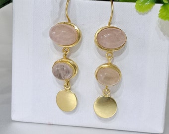 Rose quartz gemstone earrings, brass coin earrings
