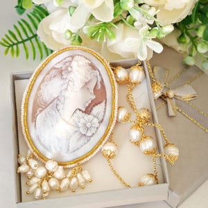 Sardonyx shell cameo necklace and white baroque pearls, 925 silver necklace, Italian jewelry