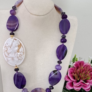 Sardonyx shell cameo necklace, purple agate gemstone necklace, Italian jewelry
