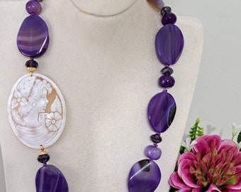 Collier camée coquille sardonique, collier en pierre semi-précieuse agate violette, bijoux italiens