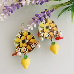 Lemon earrings, white pearl and coral earrings