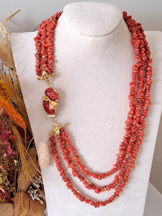 Natural Mediterranean Red Coral Necklace and Gold Plated 925