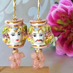 Caltagirone ceramic earrings, rose quartz cluster earrings, Sicilian Moor&#39;s head earrings
