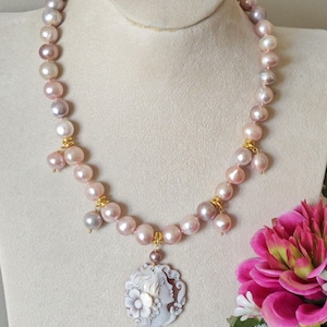 Sardonyx shell cameo necklace, pink pearl necklace, Italian jewelry