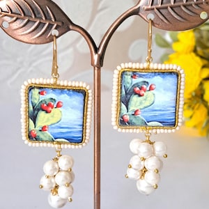 Caltagirone ceramic earrings, white pearl cluster, Sicilian earrings