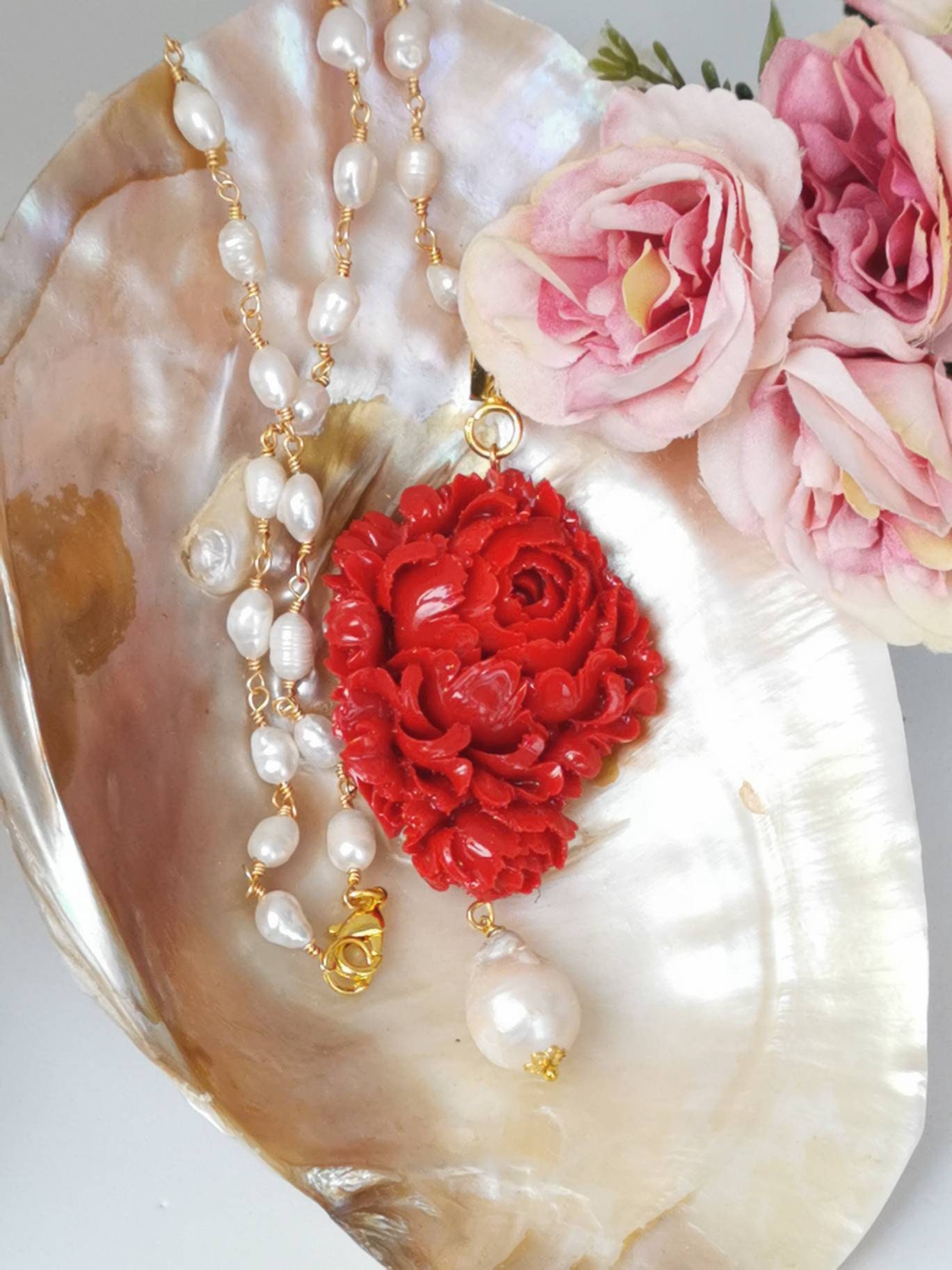 White Pearl Necklace With Pink Red Coral Paste Pendant Italian