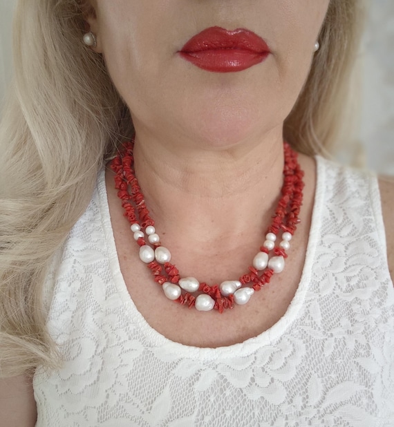 Collier En Corail Naturel Orange - 2 Rangs - Fermoir Fleur En Argent 925 - Made In France