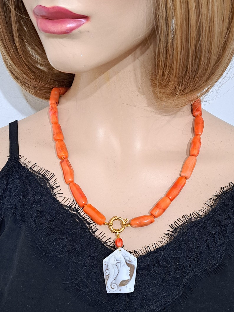 Sardonic shell cameo necklace with red bamboo coral, Italian jewelry image 1