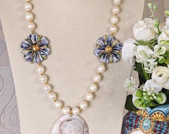 Collier En Argent 925 Avec Perles Blanches Et Camée Corail - Longueur 49 Cm - Neuf Avec étiquettes