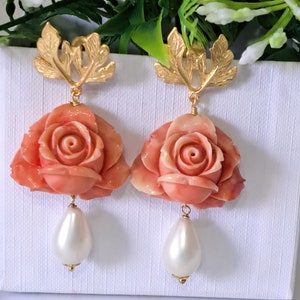 Imitation pink coral rose earrings and white drop pearls, dangling earrings